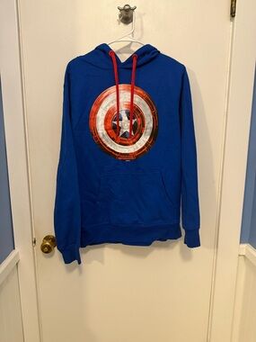 Marvel Captain America Blue Hoodie with Red & White Captain Shield Graphic EUC